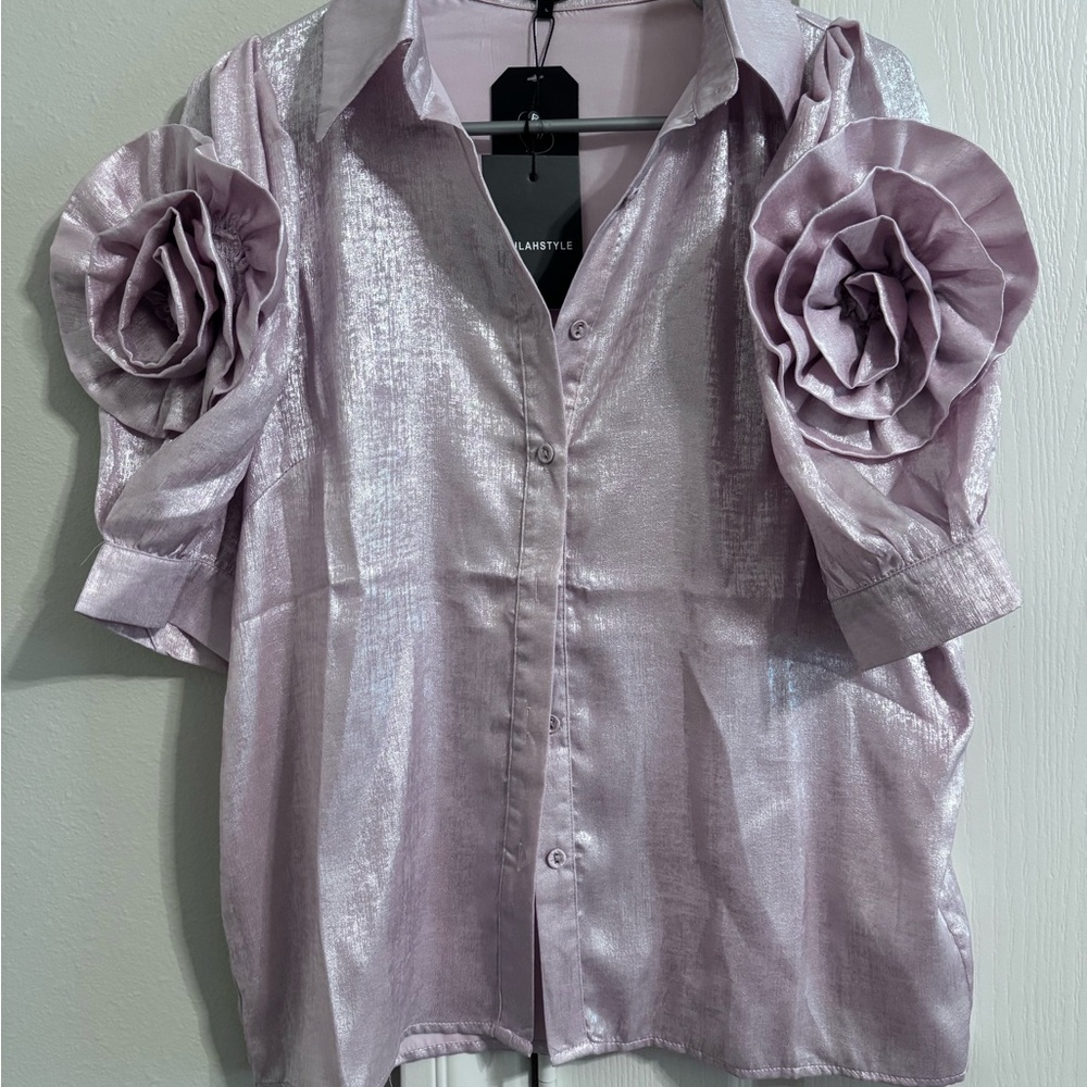 Blush Pink Shimmer Blouse with Floral Sleeves